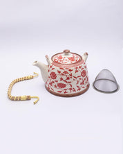 Teapot, with Steel Strainer, for Home & Office, Ancient Design Pattern, Red, Ceramic, 1 litre - MARKET 99