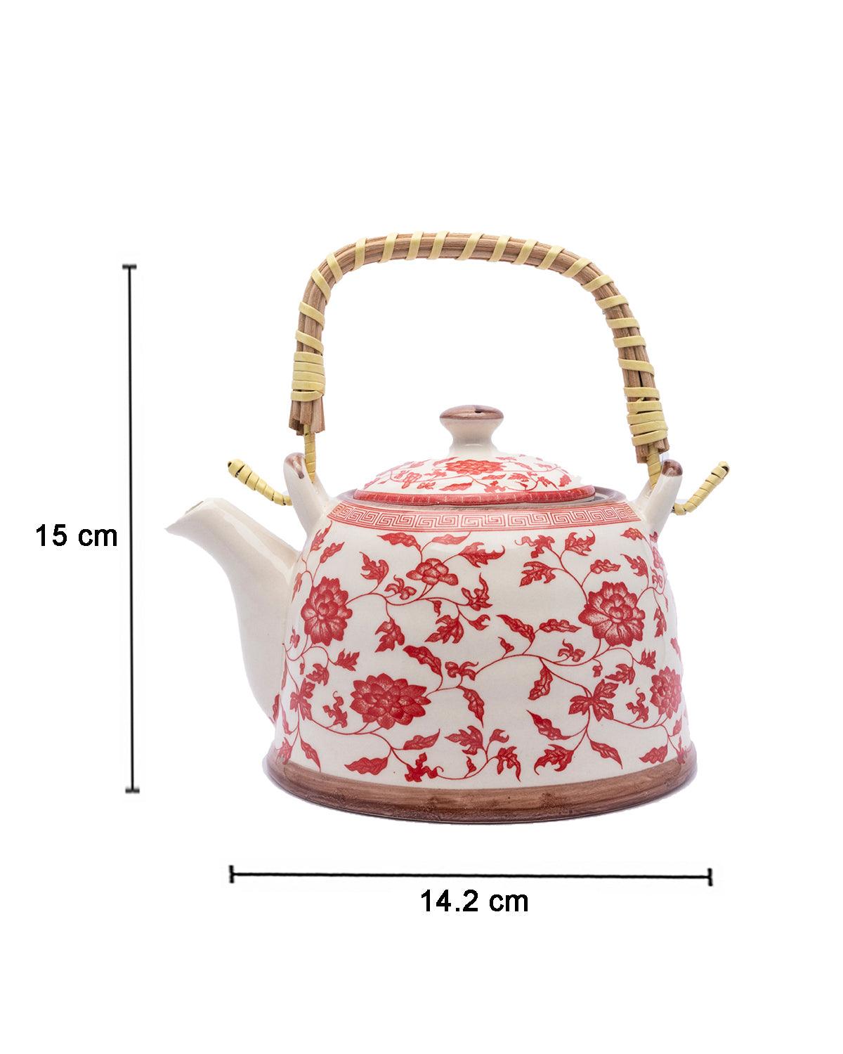 Teapot, with Steel Strainer, for Home & Office, Ancient Design Pattern, Red, Ceramic, 1 litre - MARKET 99