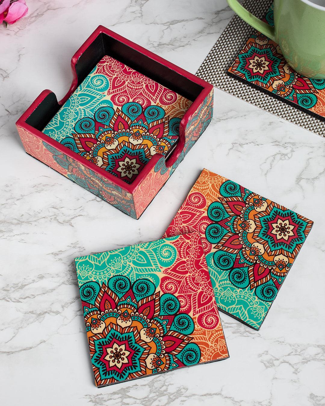 Traditional Multicolour Tea Coaster - Set Of 6, MDF