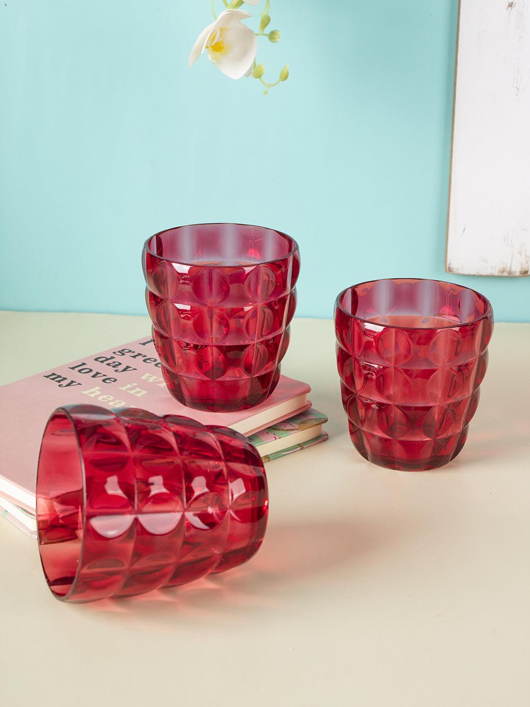 Tumblers, Glass Set, Red Colour, Plastic, Set of 3, 400 mL Each - MARKET 99