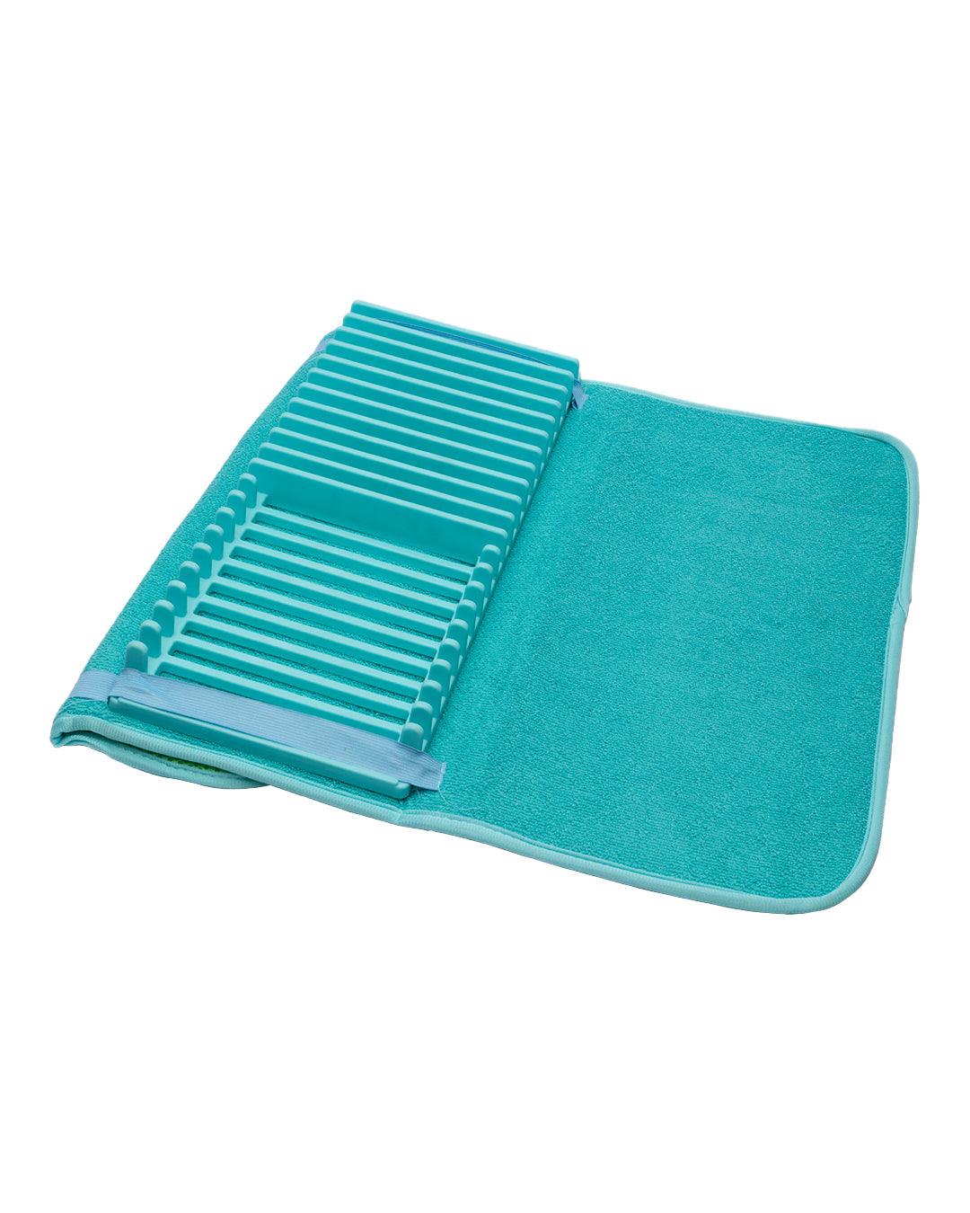 Turquoise Microfibre Dish Drying Mat With Plate Holder