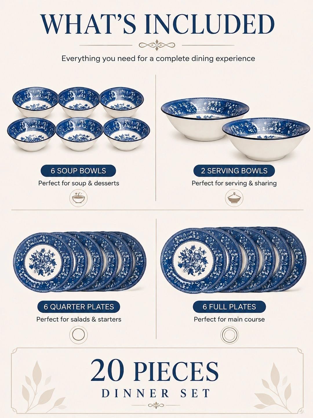 MARKET99 blue floral ceramic dinner set of 20 pieces - image 5