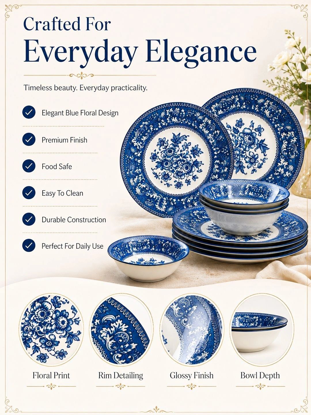 MARKET99 blue floral ceramic dinner set of 20 pieces - image 3