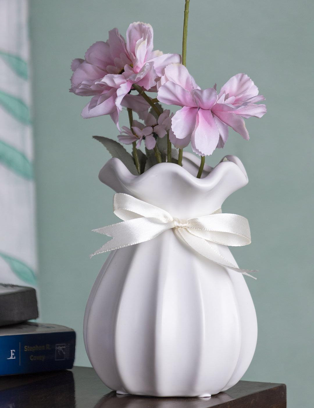 Vase with Bow, Floral Mouth, White, Ceramic - MARKET 99