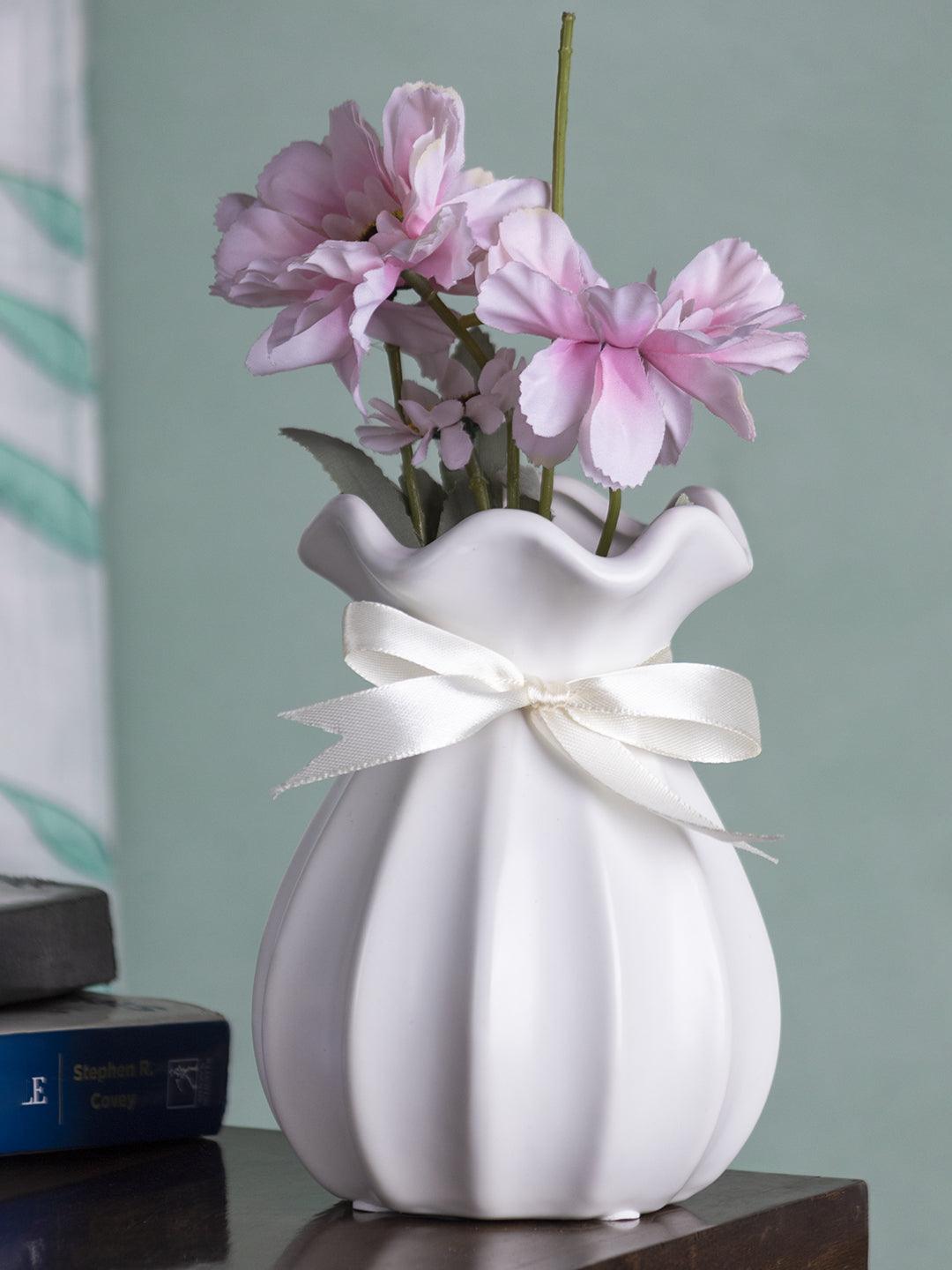 Vase with Bow, Floral Mouth, White, Ceramic - MARKET 99