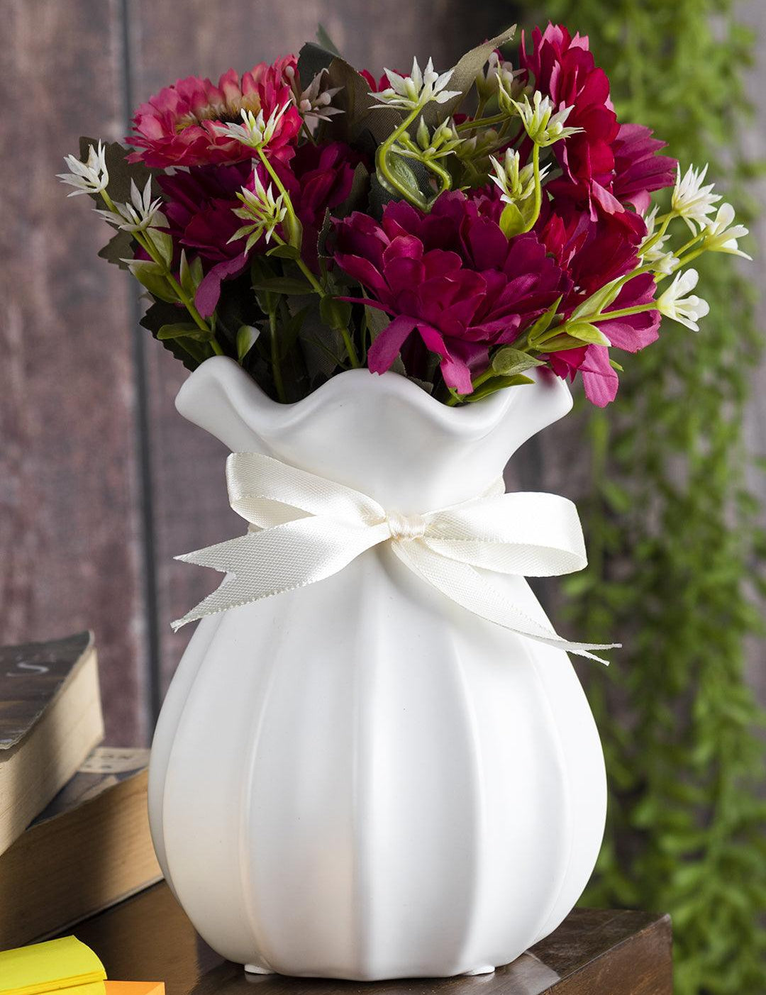 Vase with Bow, Floral Mouth, White, Ceramic - MARKET 99