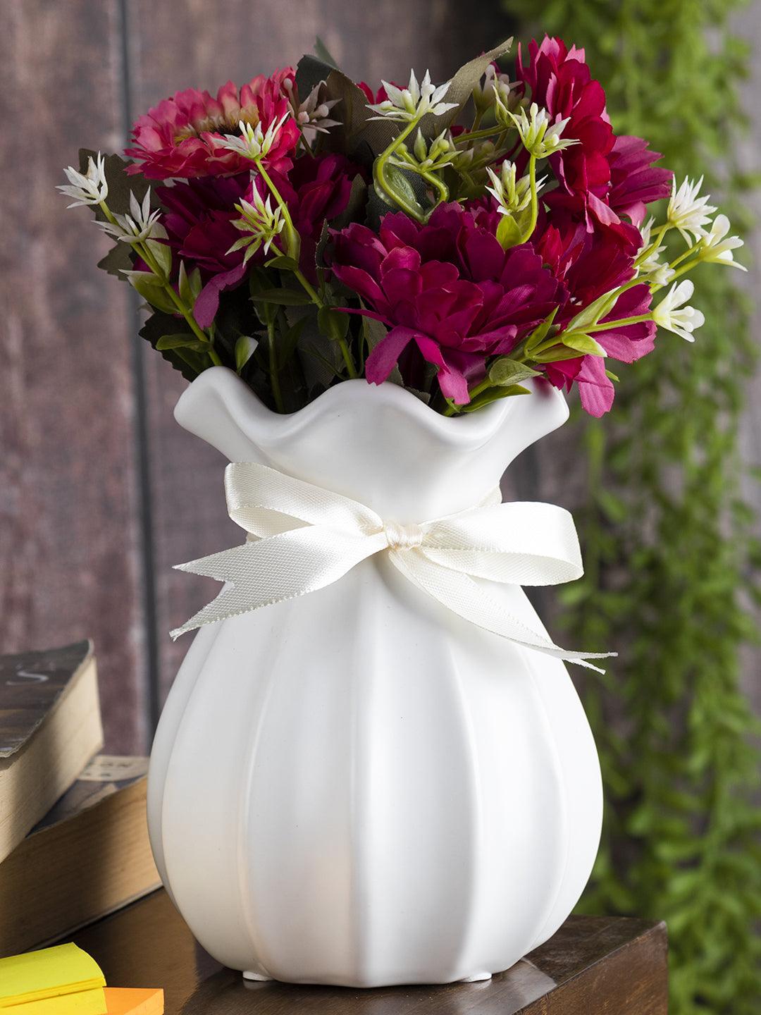 Vase with Bow, Floral Mouth, White, Ceramic - MARKET 99