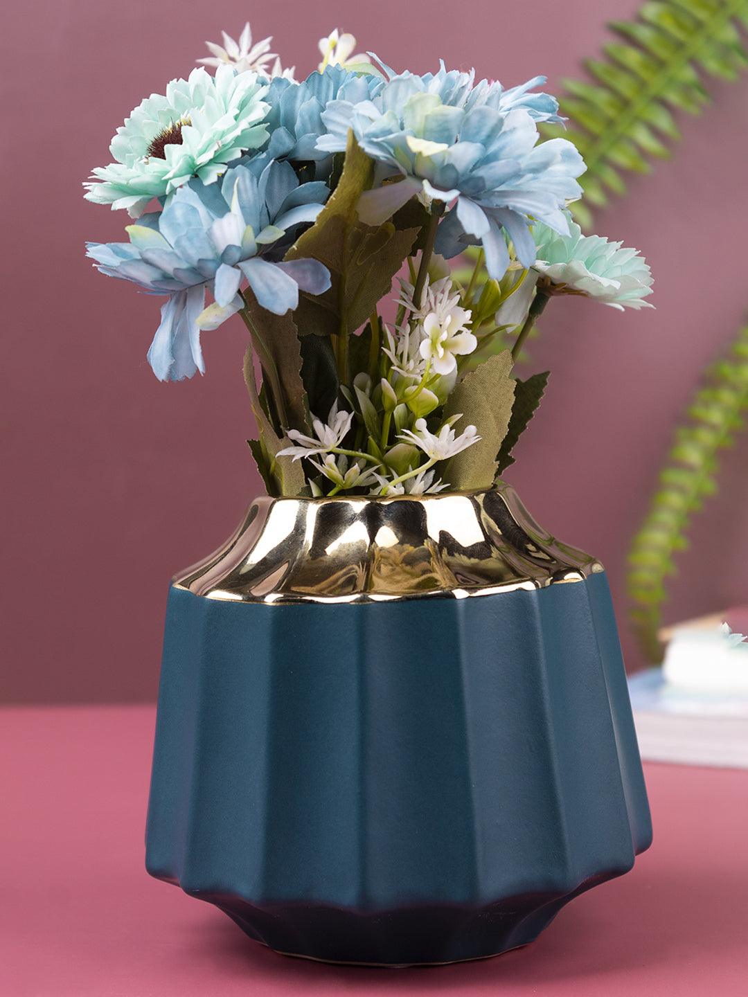 Vase with Golden Finishing, Deep Sea Green, Ceramic - MARKET 99