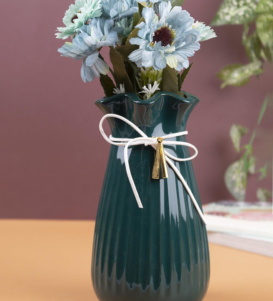 Vase with Tassel, Floral Mouth, Deep Sea Green, Ceramic - MARKET 99