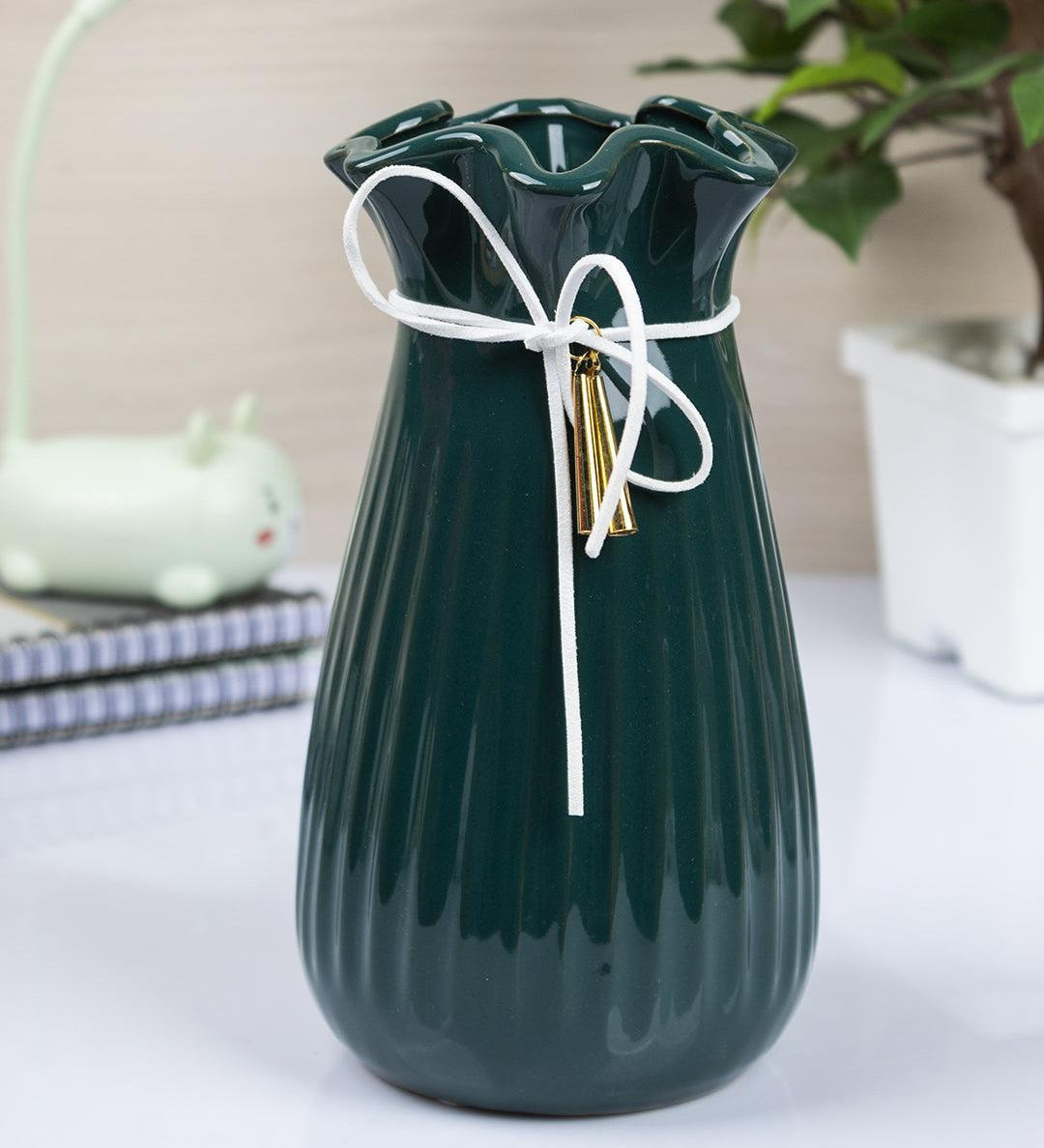 Vase with Tassel, Floral Mouth, Deep Sea Green, Ceramic - MARKET 99