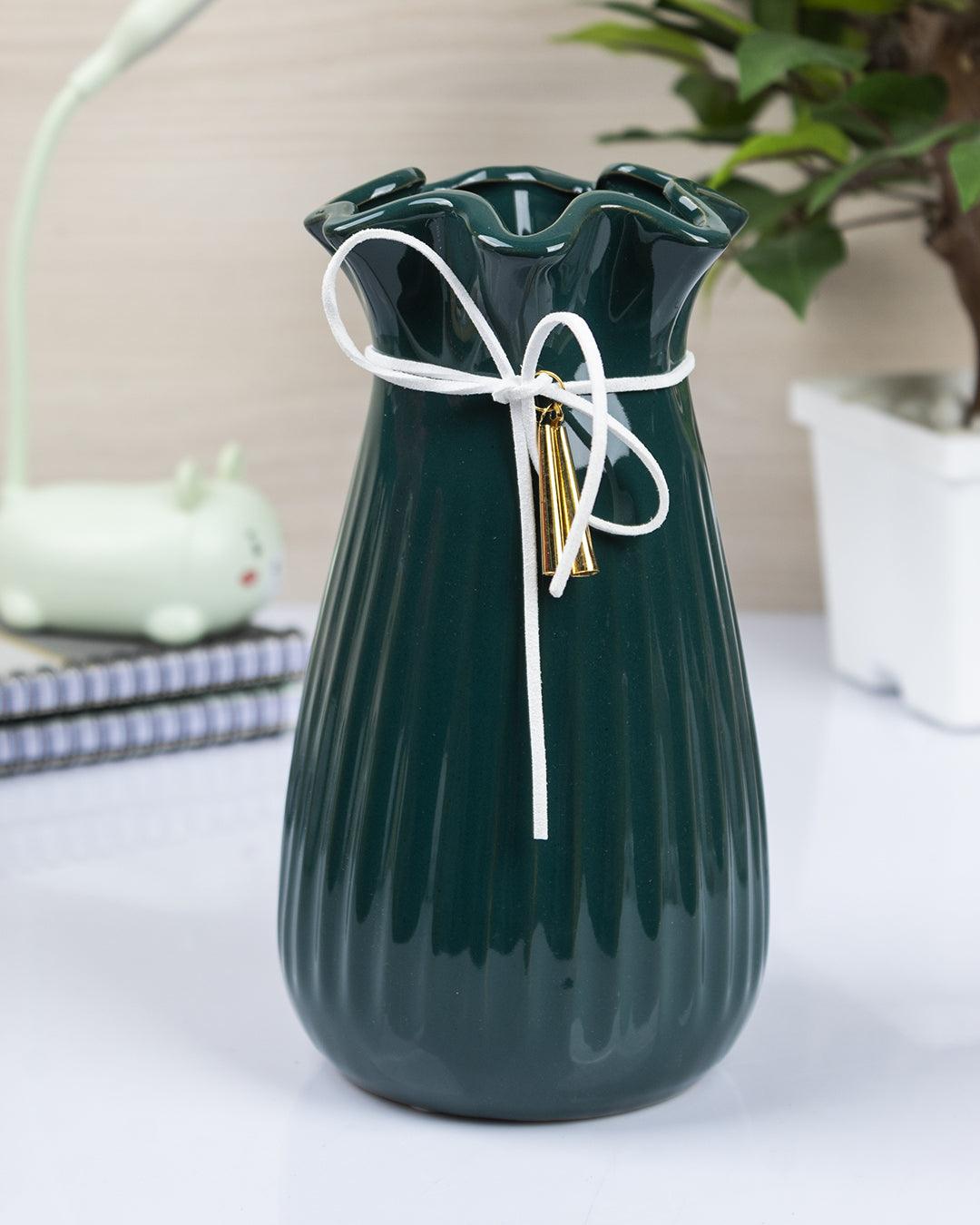 Vase with Tassel, Floral Mouth, Deep Sea Green, Ceramic - MARKET 99
