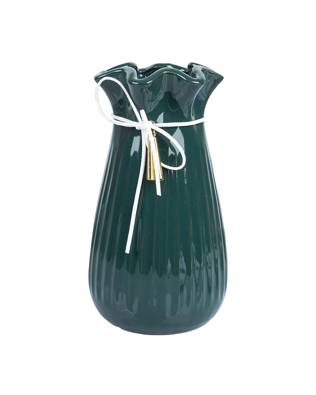 Vase with Tassel, Floral Mouth, Deep Sea Green, Ceramic - MARKET 99