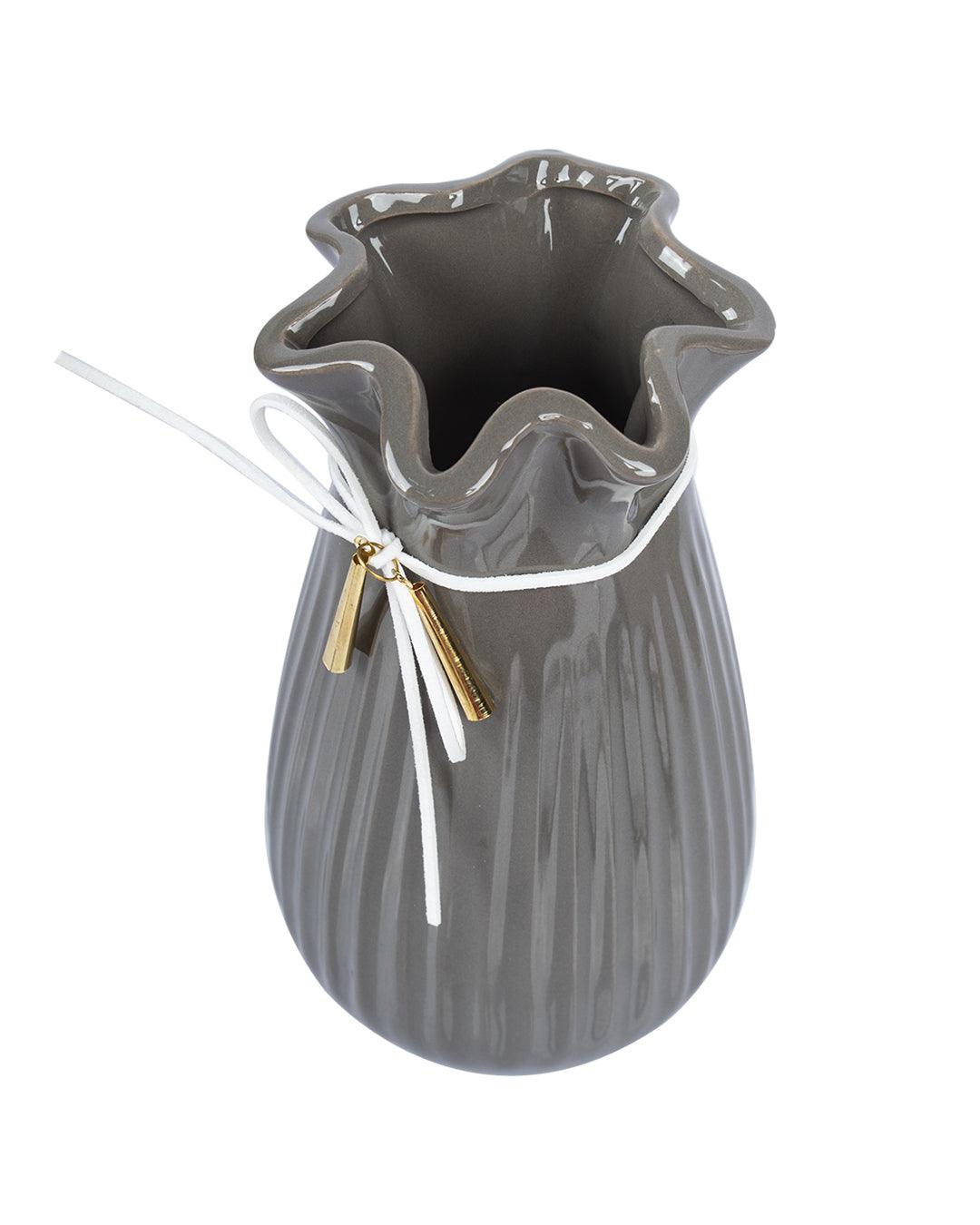 Vase with Tassel, Floral Mouth, Grey, Ceramic - MARKET 99