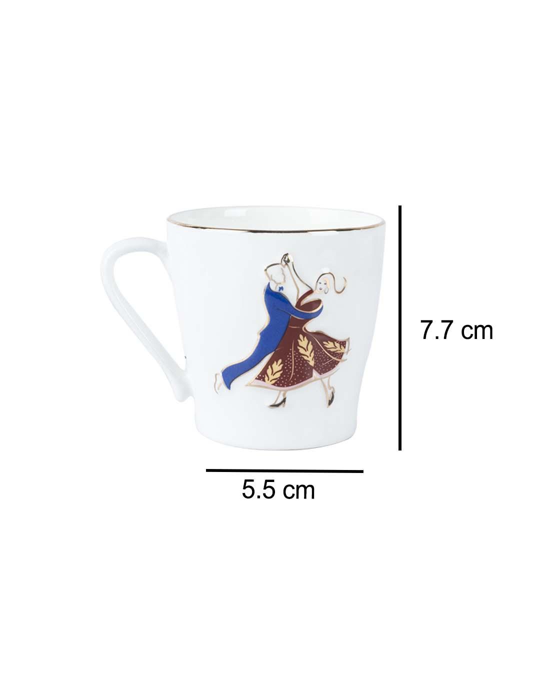 VIENNESE WALTZ DANCER' Print Tea & Coffee Mugs in Ceramic ( White & Black, Set Of 6, Each 200 mL) - MARKET 99