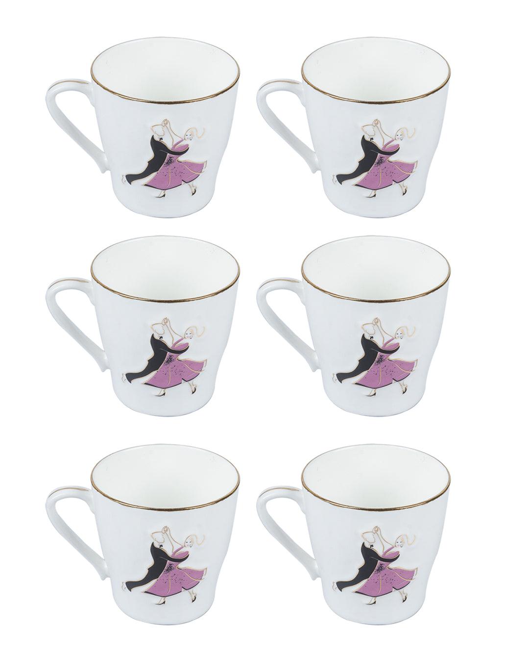 'VIENNESE WALTZ DANCER' Print Tea & Coffee Mugs in Ceramic ( White & Pink, Set Of 6, Each 200 mL) - MARKET 99