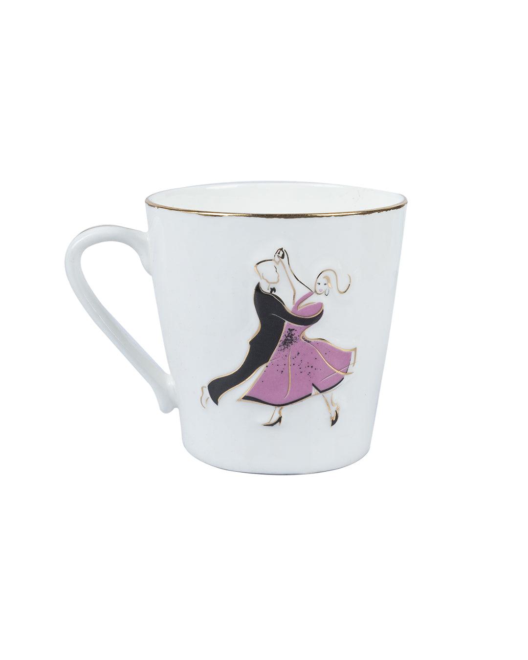 'VIENNESE WALTZ DANCER' Print Tea & Coffee Mugs in Ceramic ( White & Pink, Set Of 6, Each 200 mL) - MARKET 99