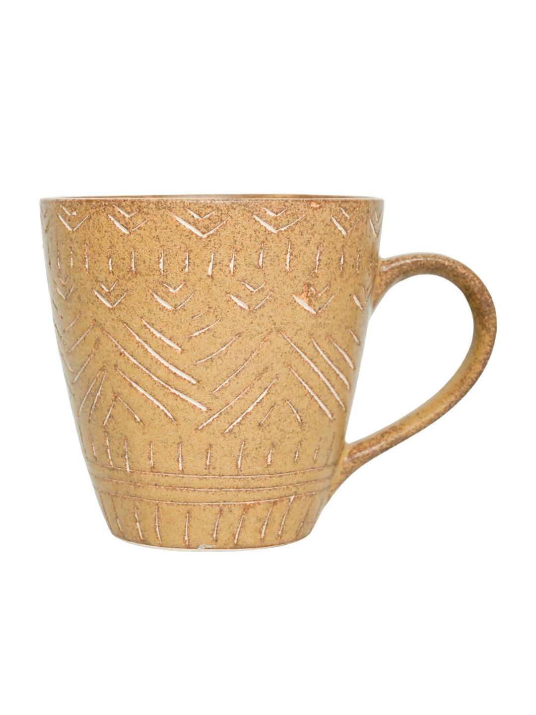 VON CASA Ceramic Coffee Mug - 320 Ml, Beige & Engrabed - MARKET 99