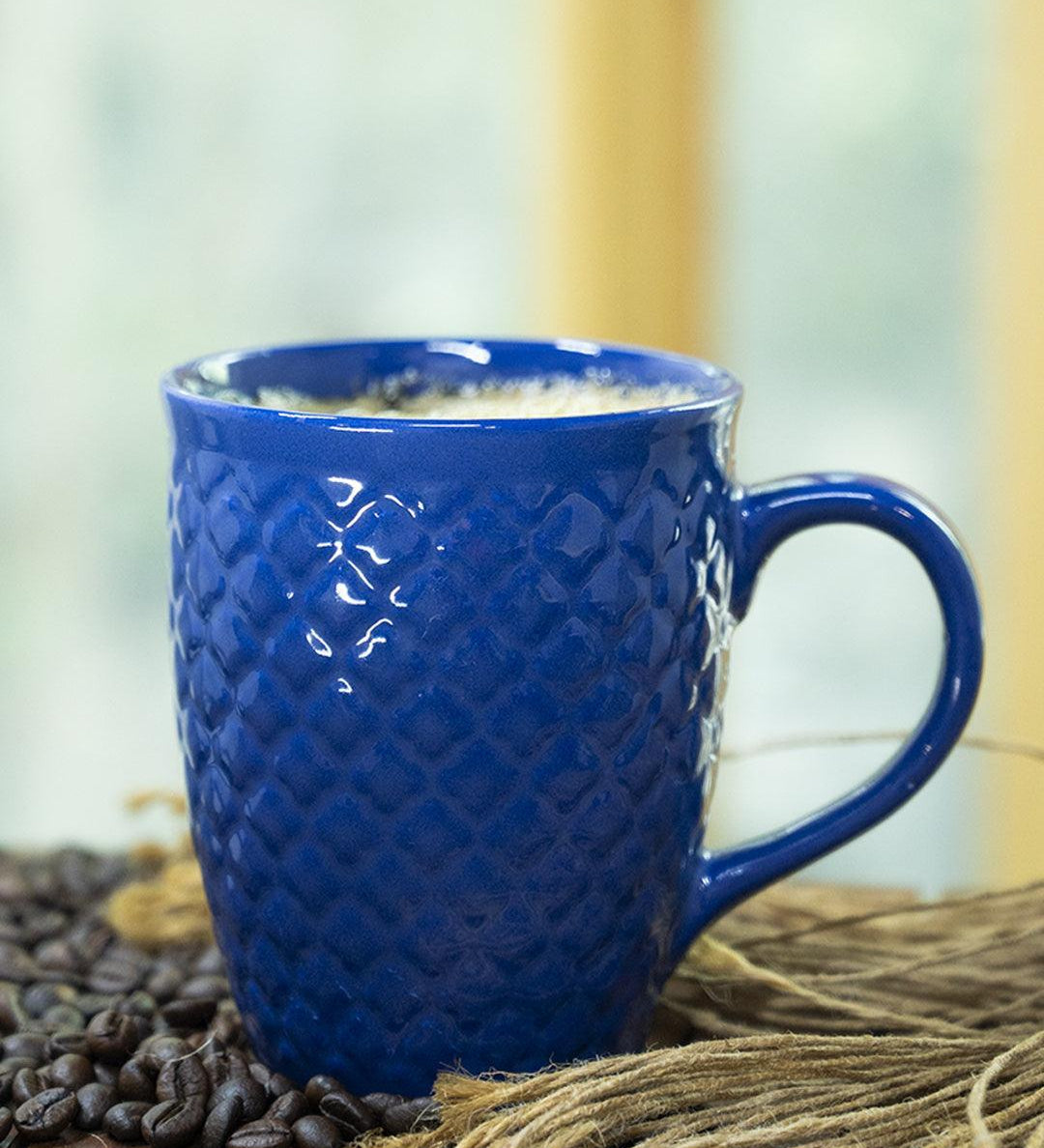 VON CASA Ceramic Coffee Mug - 320 Ml, Blue & Engrabed - MARKET 99