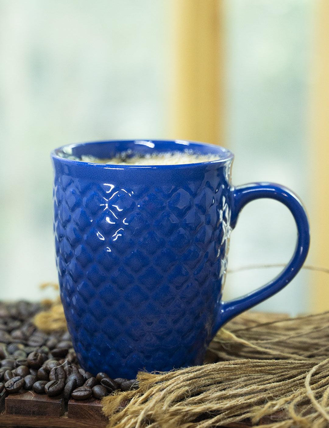 VON CASA Ceramic Coffee Mug - 320 Ml, Blue & Engrabed - MARKET 99