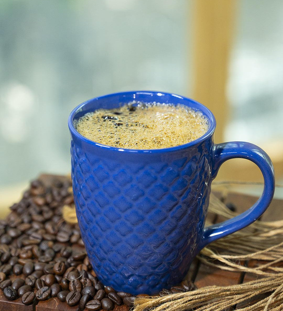 VON CASA Ceramic Coffee Mug - 320 Ml, Blue & Engrabed - MARKET 99