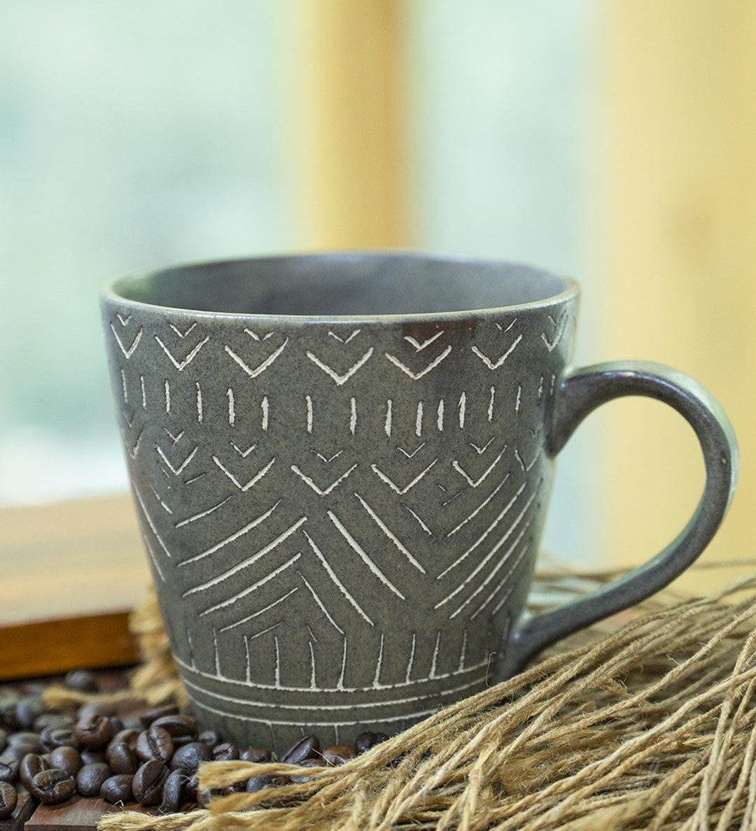 VON CASA Ceramic Coffee Mug - 320 Ml, Light Blue & Engrabed - MARKET 99