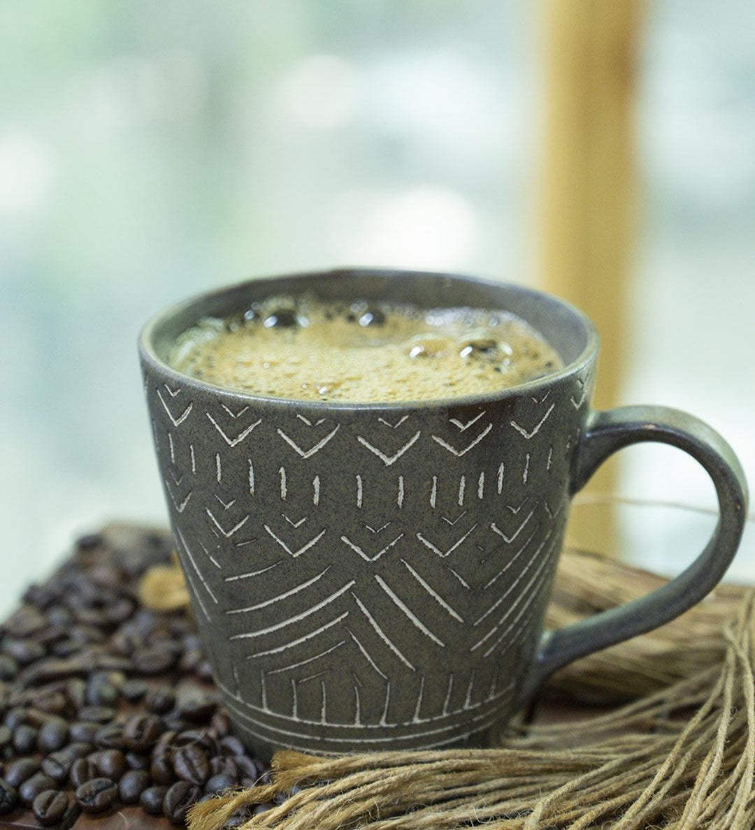 VON CASA Ceramic Coffee Mug - 320 Ml, Light Blue & Engrabed - MARKET 99