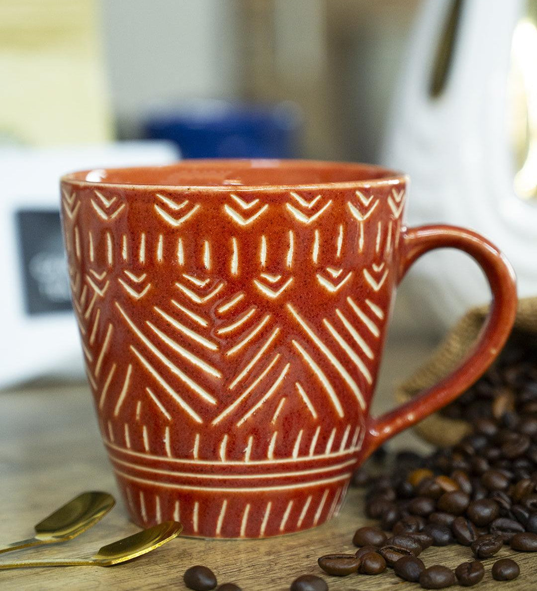 VON CASA Ceramic Coffee Mug - 320 Ml, Red & Engrabed - MARKET 99