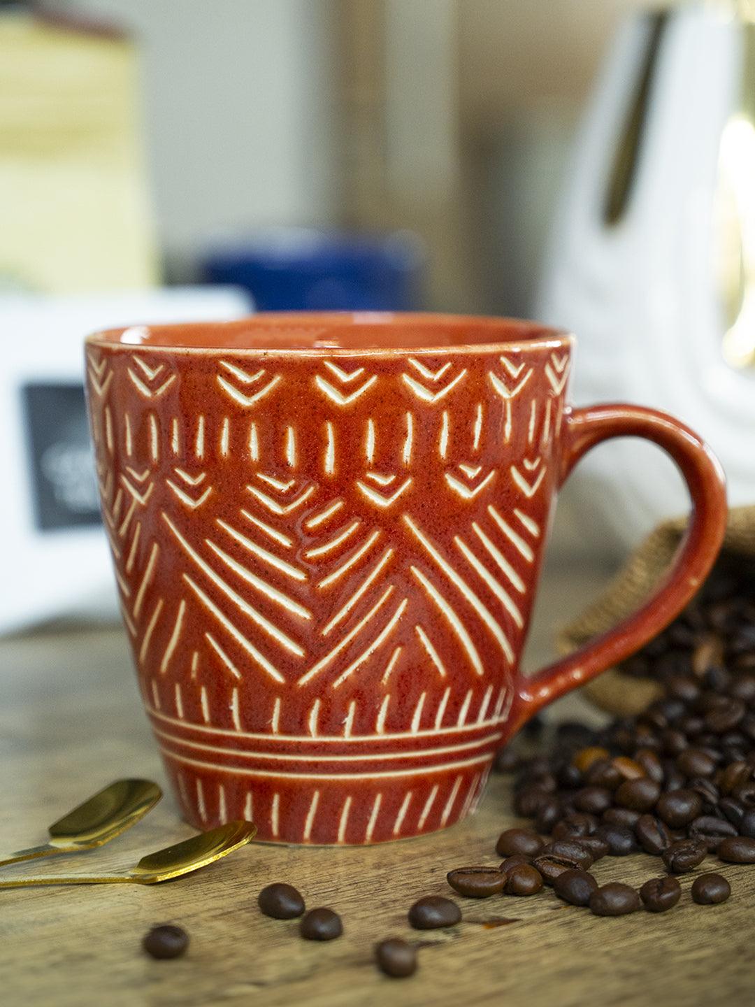 VON CASA Ceramic Coffee Mug - 320 Ml, Red & Engrabed - MARKET 99