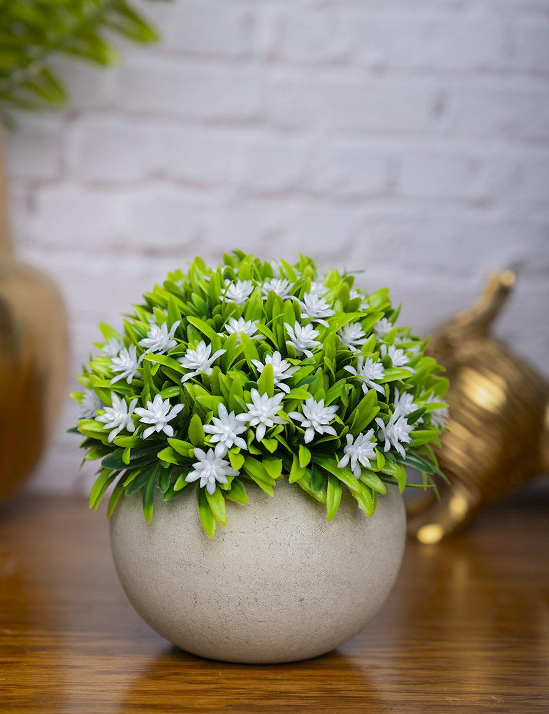 VON CASA White Flowers with Green Leafs Artificial Potted Plant - Stone Finish - MARKET 99