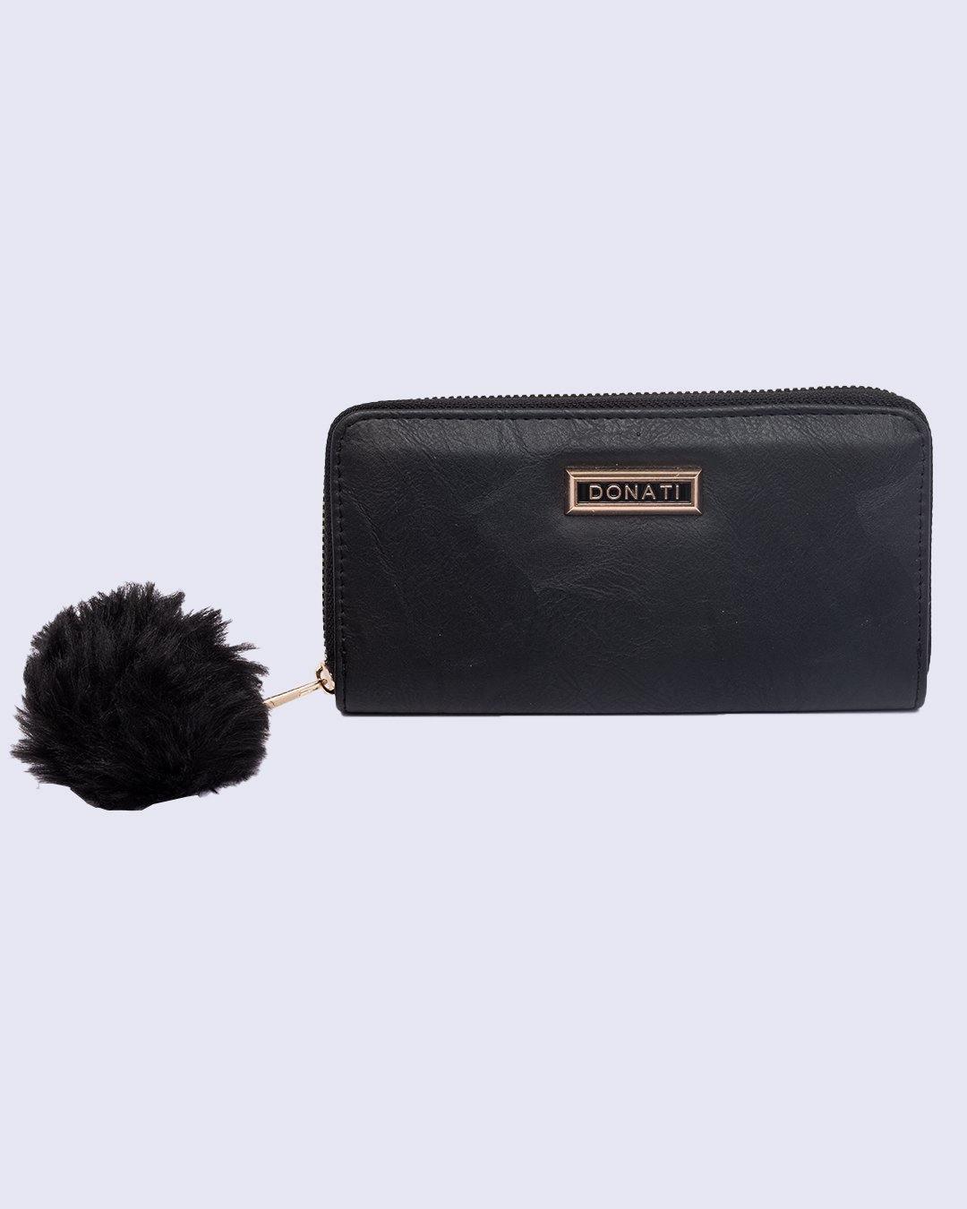 Wallet, Purse, for Women, with Pom Pom, Black, Rexine - MARKET 99