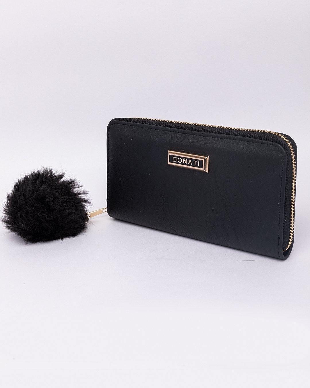 Wallet, Purse, for Women, with Pom Pom, Black, Rexine - MARKET 99