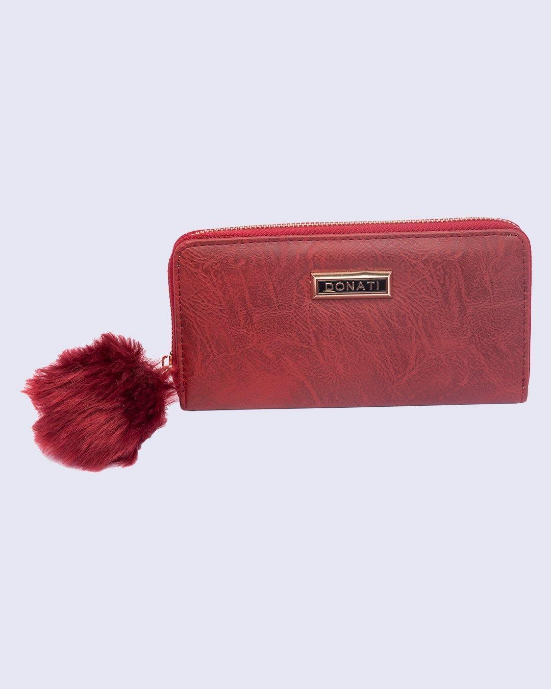 Wallet, Purse, for Women, with Pom Pom, Red, Rexine - MARKET 99