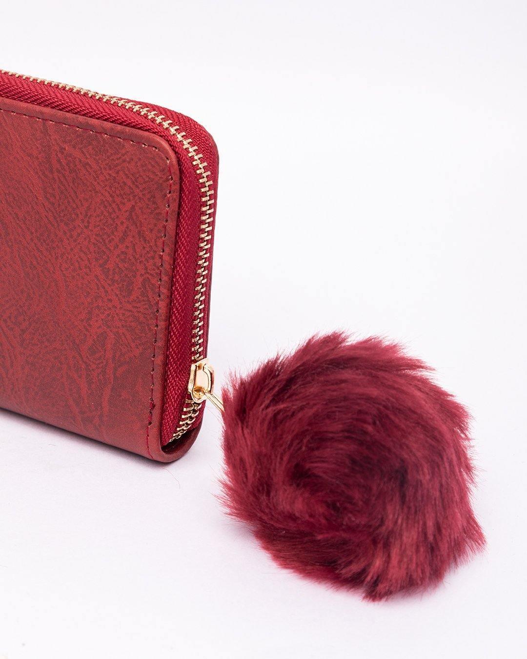 Wallet, Purse, for Women, with Pom Pom, Red, Rexine - MARKET 99