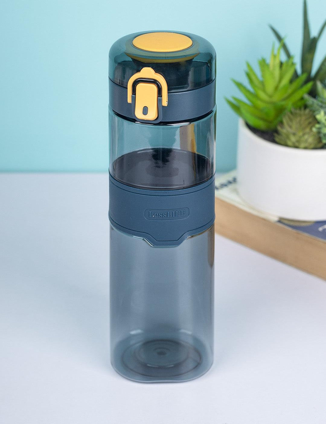 Water Bottle with Push Button Cap & Rubber Grip, Dark Blue, Plastic, 540 mL - MARKET 99