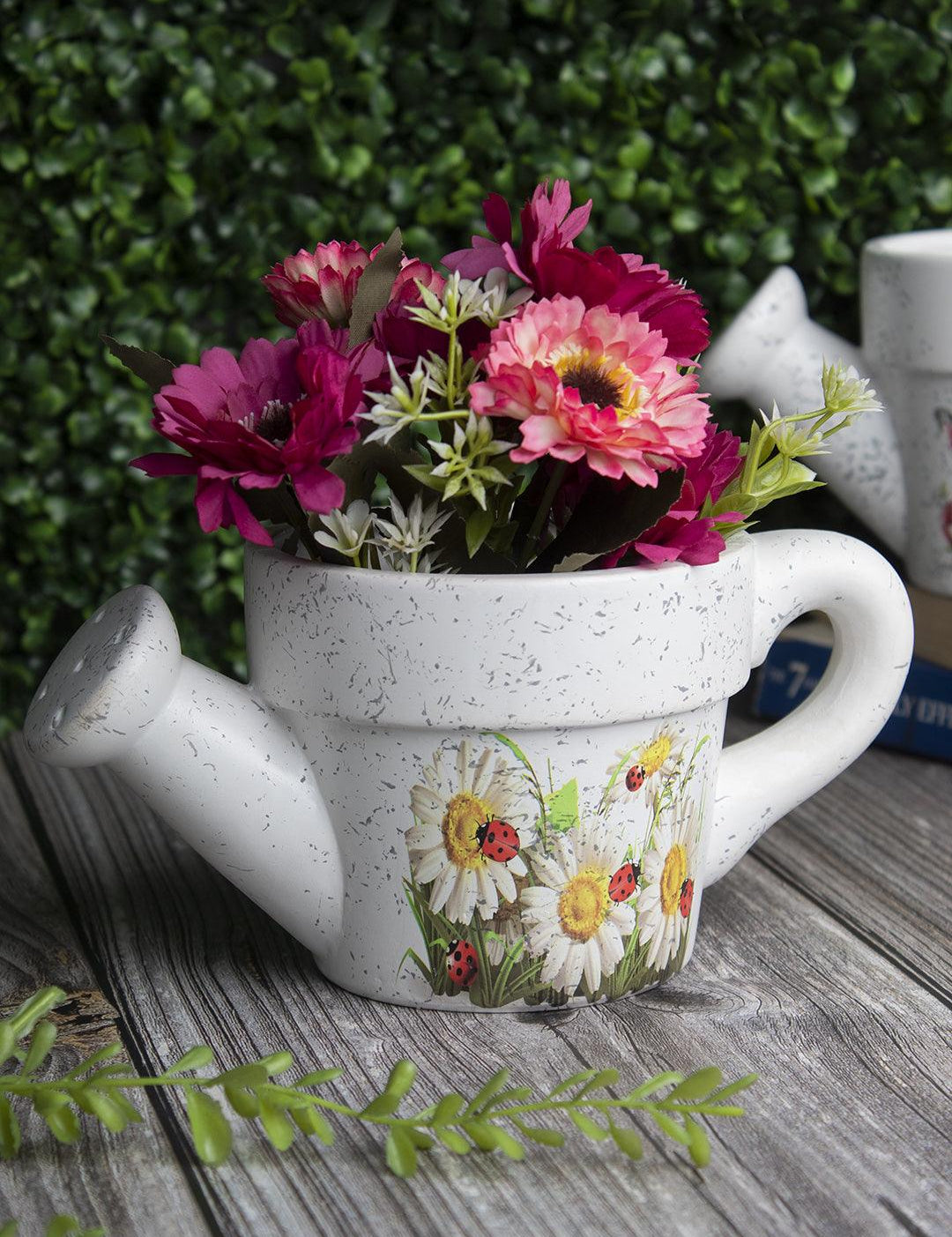 Watering Can Shape Planter, Floral Print, White, Ceramic - MARKET 99