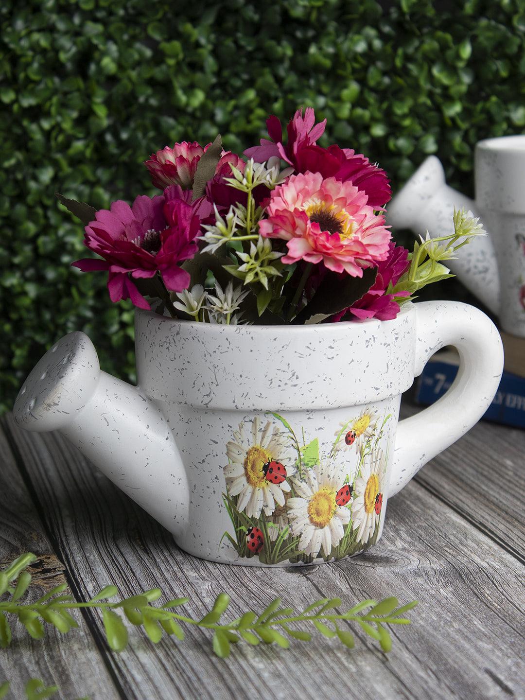 Watering Can Shape Planter, Floral Print, White, Ceramic - MARKET 99