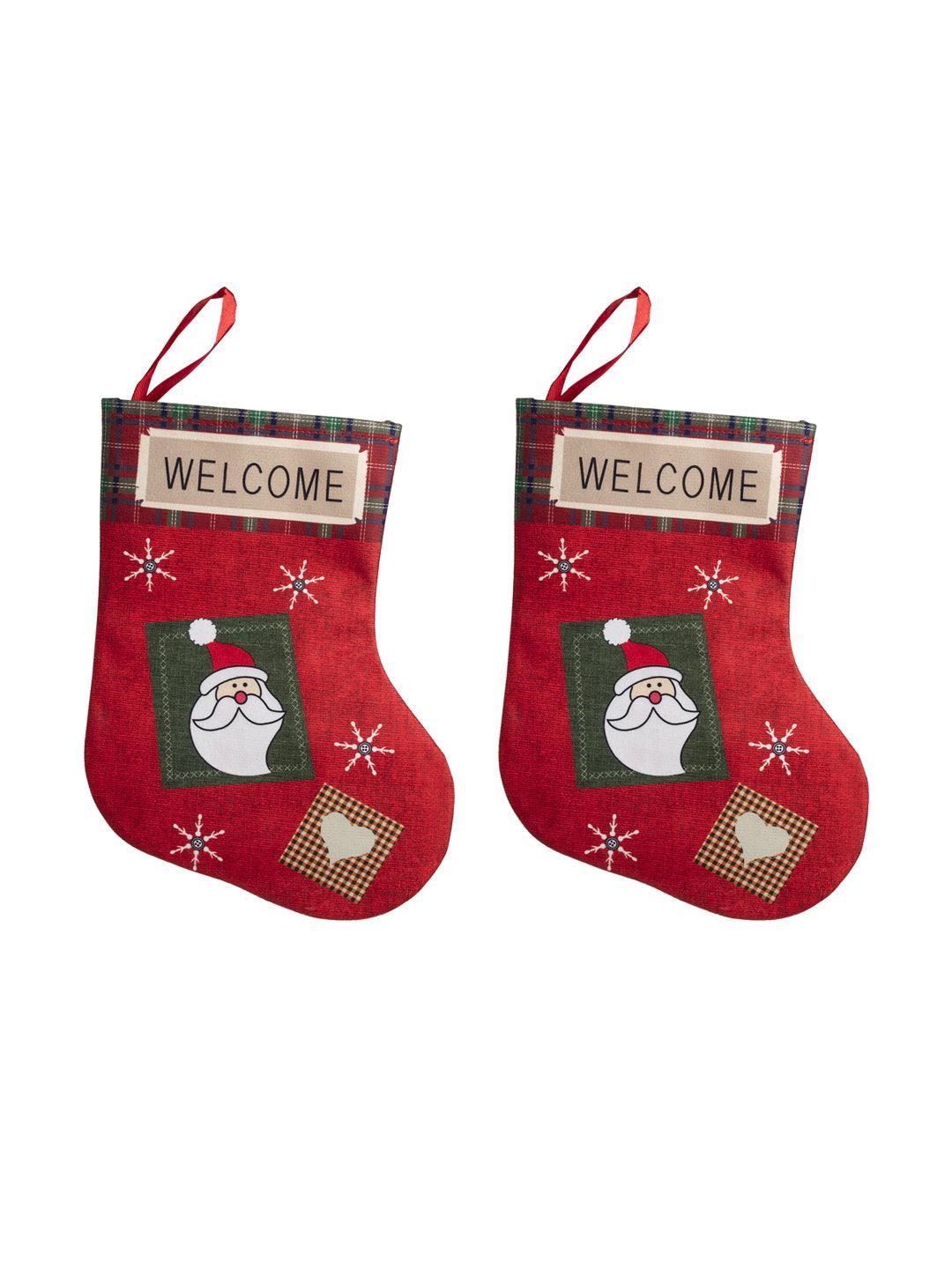 Welcome & Santa Print - Christmas Hanging Stocking Set Of 2 Pcs - MARKET 99