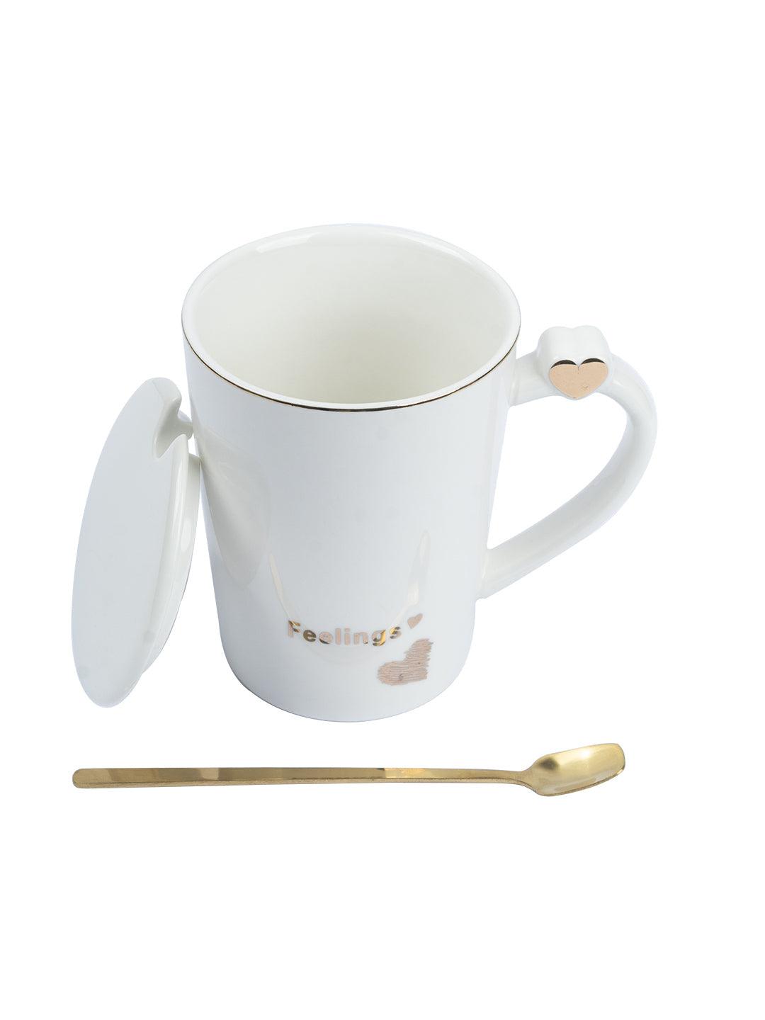 White Ceramic Coffee Mug With Lid - 380Ml, Stirring Spoon
