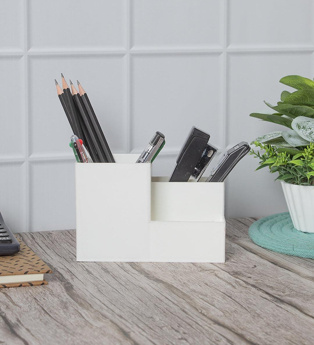 White Desk Organizer Pen Stand 3 Compartment