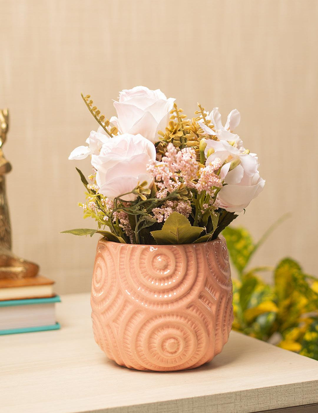 White Roses With Pink Pot - MARKET 99