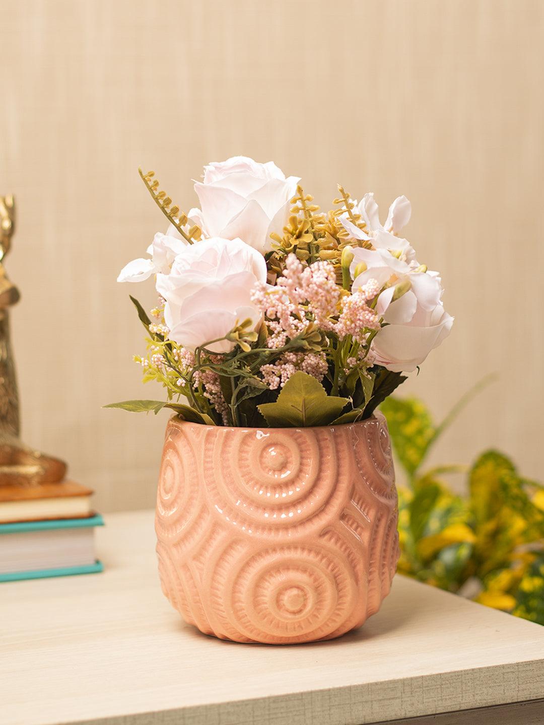 White Roses With Pink Pot - MARKET 99