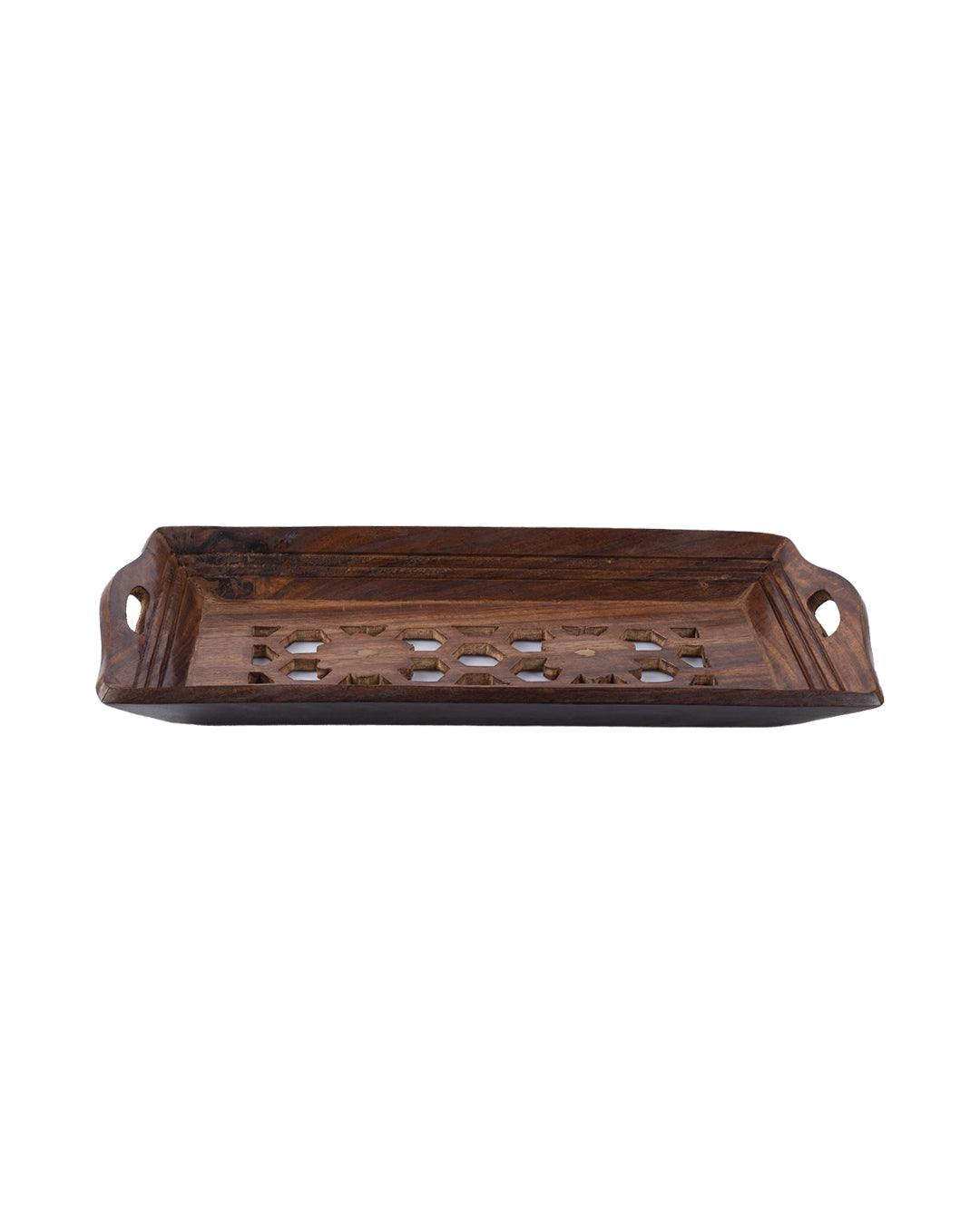 'WOOD CARVING' Handcrafts Coffee Serving Tray with Handles in Sheesham Wood - MARKET 99