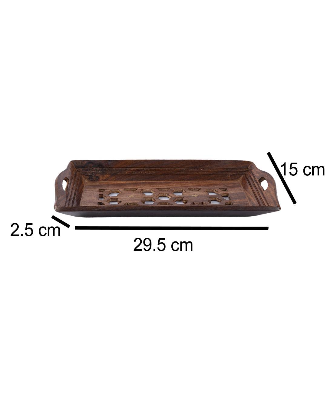 'WOOD CARVING' Handcrafts Coffee Serving Tray with Handles in Sheesham Wood - MARKET 99