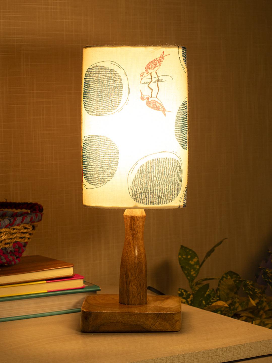 Wooden Table Lamp With Bird Print Shade - MARKET 99