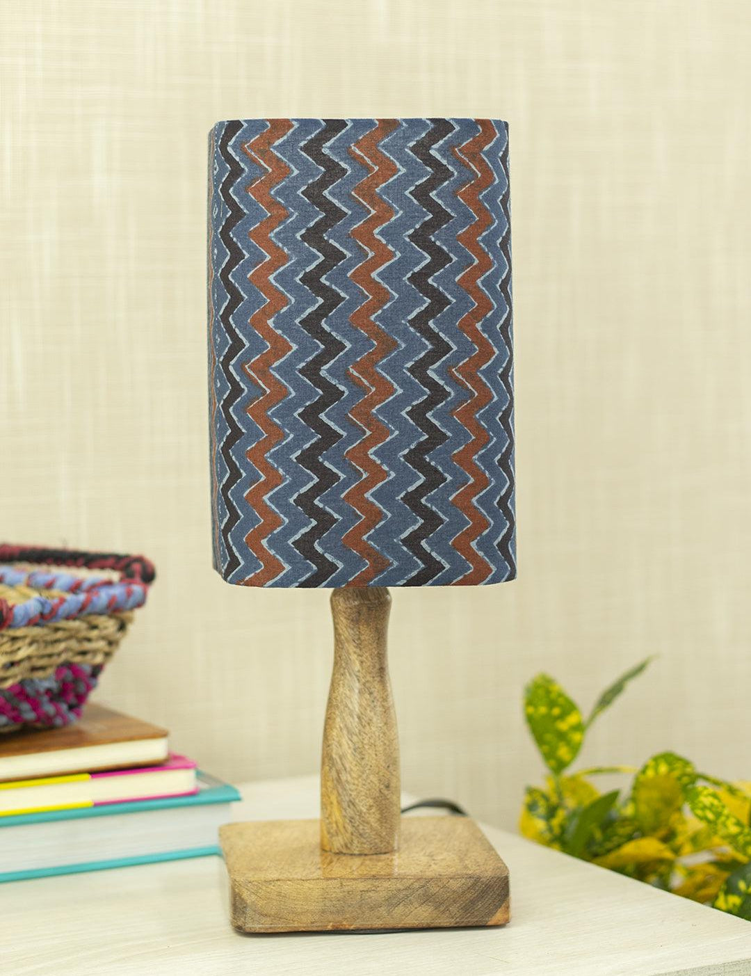 Wooden Table Lamp With Zig Zag Print Shade - MARKET 99