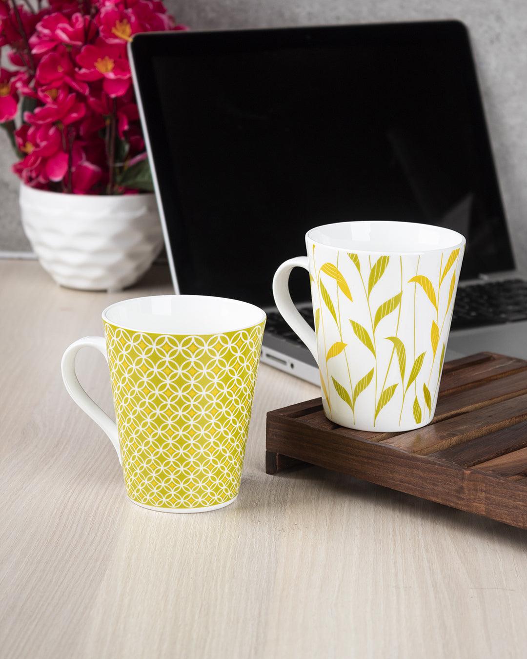 'Yellow Floral' Print Drinkware Glossy Ceramic Coffee Mugs ( Set Of 2, 320 mL)