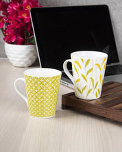 'Yellow Floral' Print Drinkware Glossy Ceramic Coffee Mugs ( Set Of 2, 320 mL) - MARKET 99