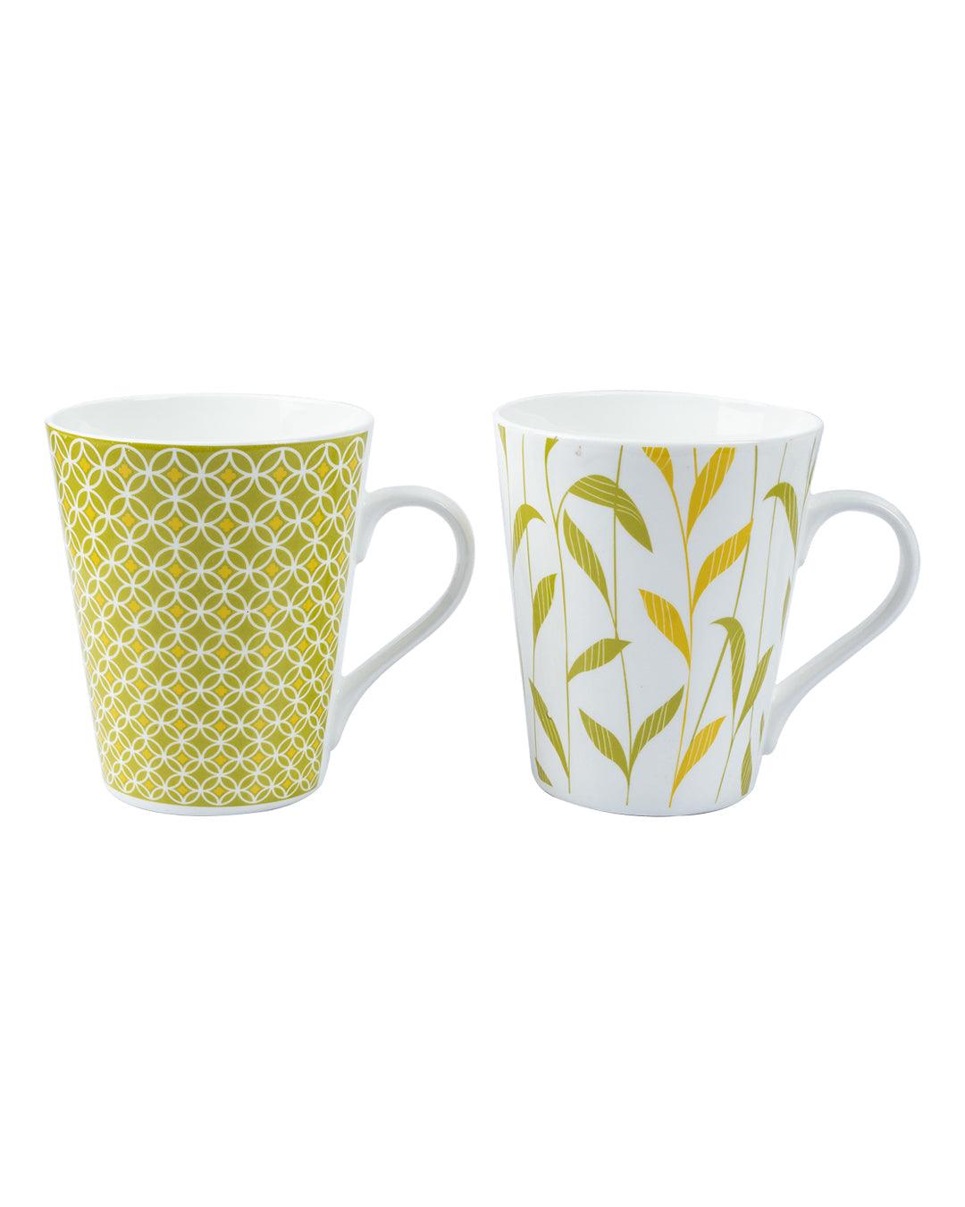 'Yellow Floral' Print Drinkware Glossy Ceramic Coffee Mugs ( Set Of 2, 320 mL)