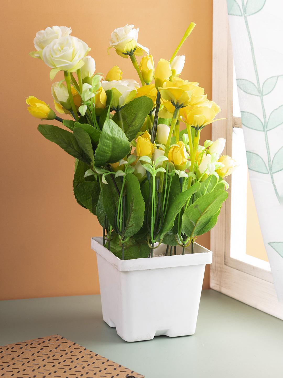 Artificial Plant with White Pot, Rose Flower Arrangement, Yellow, Plastic Plant - MARKET99