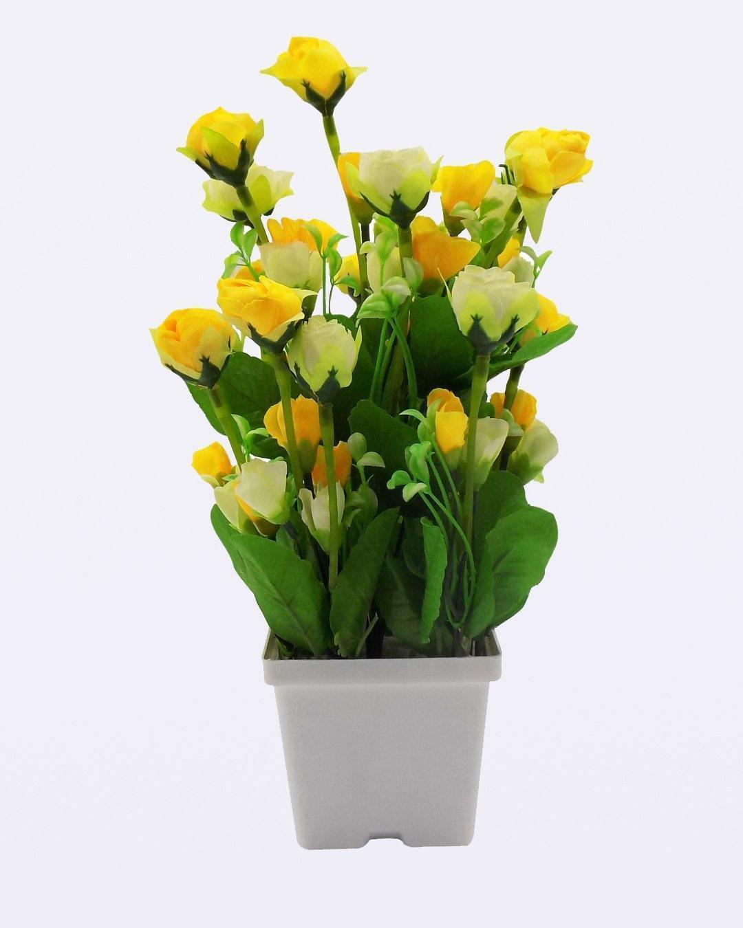 Artificial Plant with White Pot, Rose Flower Arrangement, Yellow, Plastic Plant - MARKET99